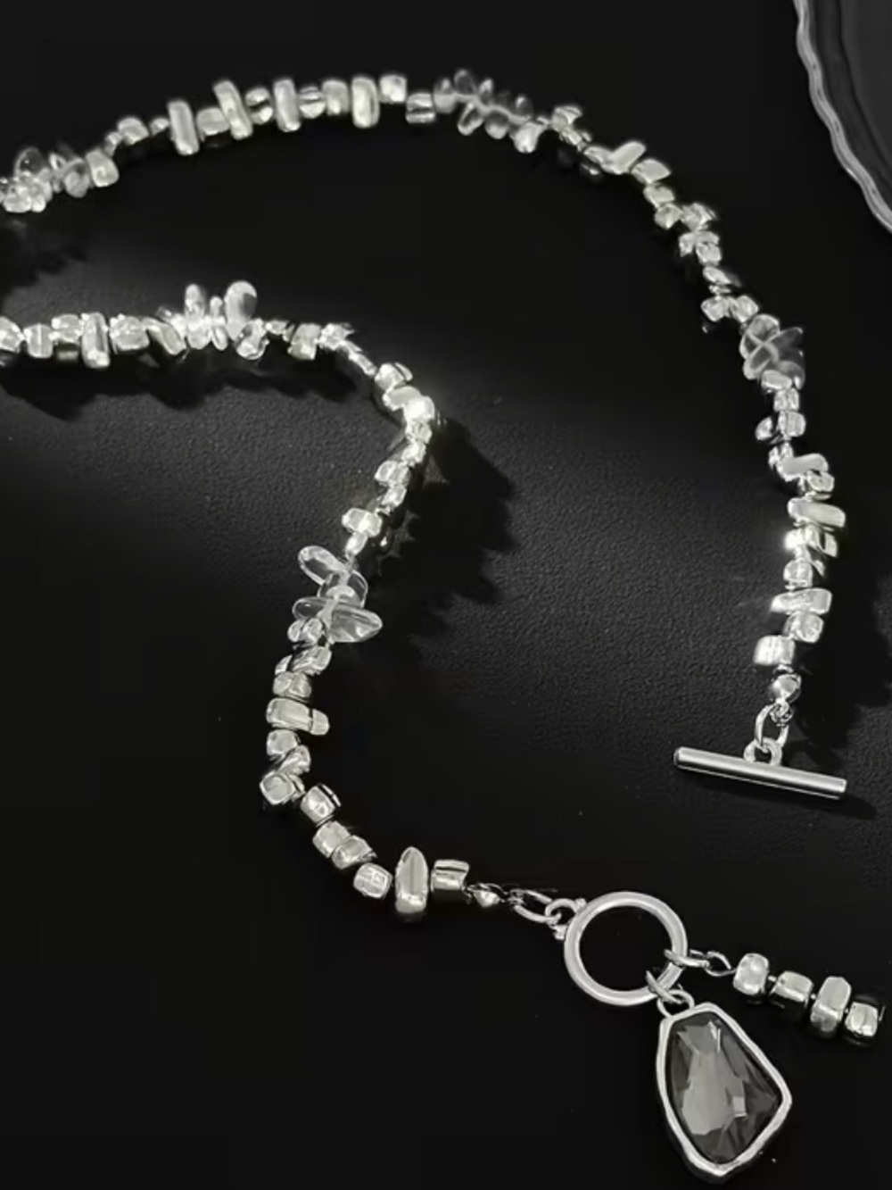 Silver Beaded Toggle Necklace with Black Gem Pendant - Picture 4 of 7